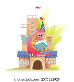 Cute little dragon reading fairytale book in fairytale castle or fortress. Adorable imaginary castle and a dragon character for kids. Vector magical castle, clip art illustration for children.