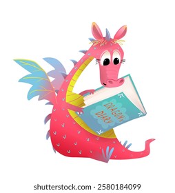 Cute little dragon reading fairytale book, children cartoon. Adorable imaginary creature for kids reading or studying. Vector magical character illustration for children.