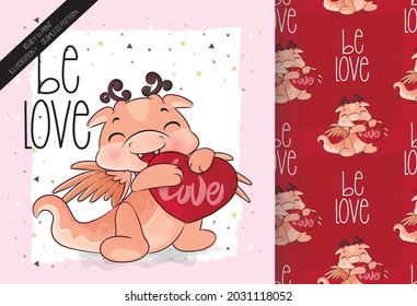 Cute little dragon with red love illustration seamless pattern: can be used for cards, invitations, baby shower, posters; with white isolated background
