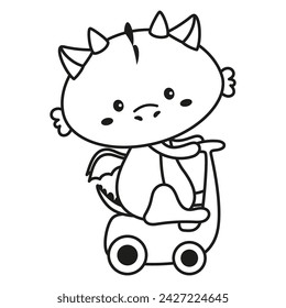 cute little dragon riding bike, lovely animal for nursery, book, print, poster design, outline cartoon vector illustration