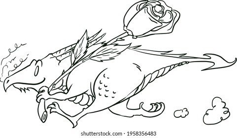 Cute little dragon running with a rose