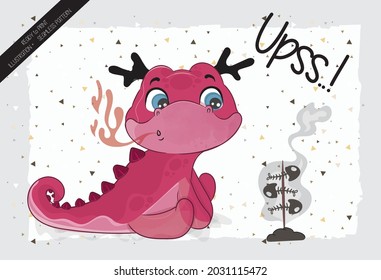 Cute little dragon sitting funny with seamless pattern: can be used for cards, invitations, baby shower, posters; with white isolated background
