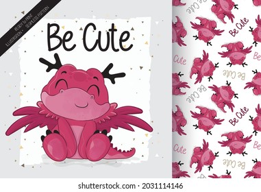 Cute little dragon sitting smiling with seamless pattern: can be used for cards, invitations, baby shower, posters; with white isolated background
