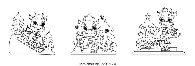 Cute little dragon is sledding down a slide, skating on ice and decorating a Christmas tree. Set of illustrations in a linear contour style for coloring, designs, prints, greeting cards. symbol  2024