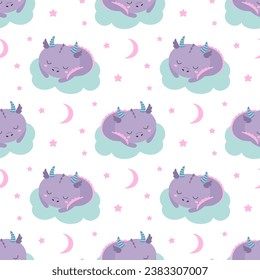 cute little dragon sleeping on cloud, seamless pattern for children on white background
