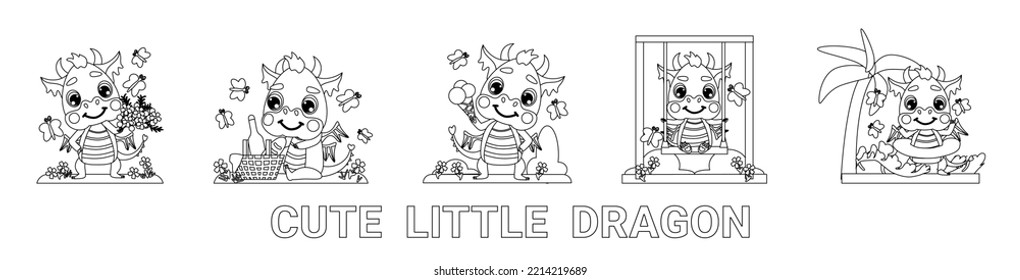 Cute little dragon traveler eats ice cream, collects flowers, sits with a picnic basket, swings on a swing, swims on the sea. Set of illustrations in a linear-contour style for coloring book, design,