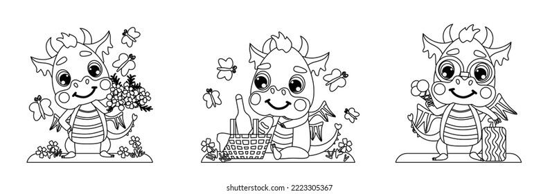 Cute little dragon traveler eats ice cream, collects flowers, sits with a picnic basket. Set of illustrations in a linear-contour style for coloring, design, prints, greeting cards. symbol of 2024