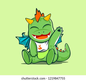 Cute little dragon waving his hand. Vector Illustration.