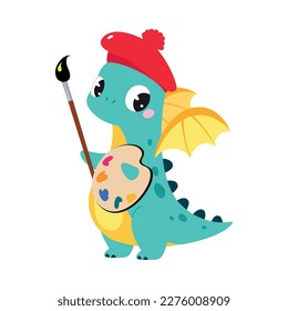 Cute Little Dragon with Wings Drawing with Brush and Palette Vector Illustration