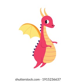 Cute Little Dragon with Wings, Funny Fantastic Creature Character Cartoon Style Vector Illustration