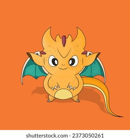 Cute Little Dragon with Wings . Vector Isolated Cartoon Character. Illustration for posters, postcard, card, baby textile, stickers, calendars.