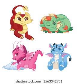 Cute Little Dragons Set, Colorful Adorable Mythological Animal Characters Vector Illustration