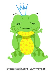 cute little dreaming frog with crown on his head, isolated on white background. Illustration with bright character