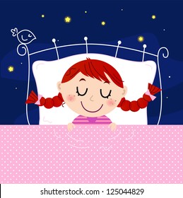 Cute little dreaming girl in bed with sky in the background