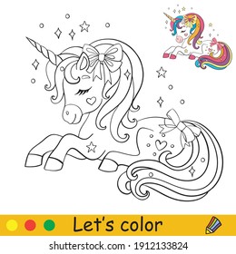 Cute little dreaming unicorn with sparkles. Coloring book page with colorful template. Vector cartoon illustration isolated on white background. For coloring book, preschool education, print and game.