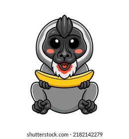 Cute little driil monkey cartoon holding a banana