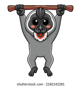 Cute little driil monkey cartoon hanging on tree
