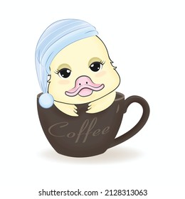 Cute Little Duck in coffee cup cartoon illustration