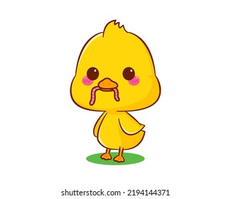 Cute little duck eating earthworm cartoon character isolated white background. Vector art illustration