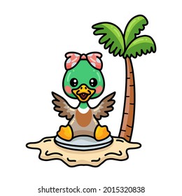 Cute little duck girl cartoon sitting on the beach