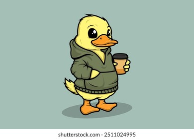 Cute Little Duck With Hoddie and Coffee Cup Mascot Character Cartoon Style