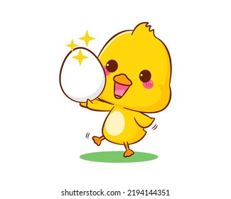 Cute little duck holding big egg cartoon character isolated white background. Vector art illustration