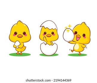 Cute little duck holding egg cartoon character isolated white background. Vector art illustration