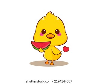 Cute little duck holding watermelon in summer cartoon character isolated white background. Vector art illustration
