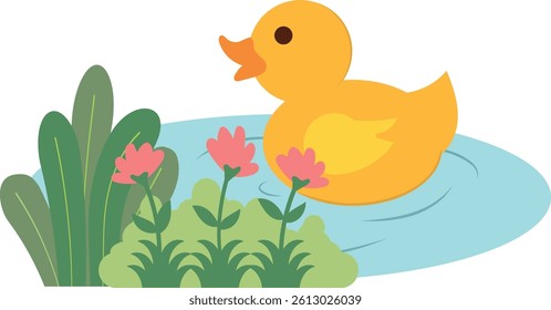 cute little duck in the pond enjoying spring time