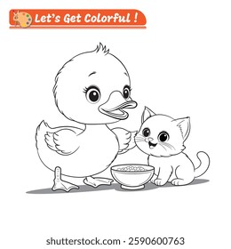 A cute little duck shares a bowl of food with a kitten. A fun and adorable coloring page for kids, promoting kindness and friendship. Perfect for kids activities, creativity and early learning.