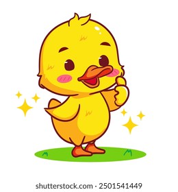 Cute Little Duck Showing Thumb Up Cartoon Vector. Adorable And Kawaii Animal Concept Design. Icon Mascot Illustration Isolated White Background.