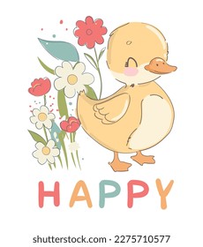 A cute little duck small flowers background childrens illustration. Baby print vector illustration