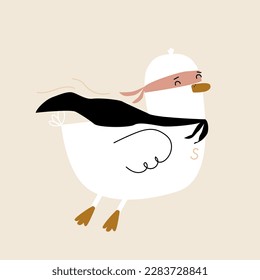 Cute little duck superhero. Childish graphic. Vector hand drawn illustration.