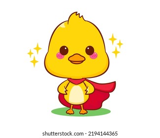 Cute little duck superhero in red costume cartoon character isolated white background. Vector art illustration