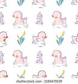 Cute little duck with water wawe and grass. Seamless pattern. Childish Background for textile and wrapping paper.