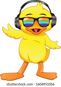 Cute little duck wear glasses and listen to music