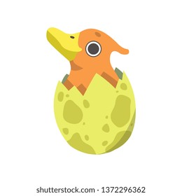 Cute Little Duckbill Dino Hatched from Yellow Egg, Adorable Baby Dinosaur Character Vector Illustration