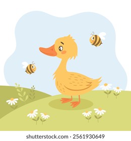 Cute little duckling and bees on a meadow with flowers. Spring illustration for children, postcard