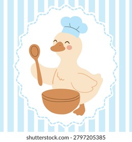 Cute little duckling chef with a cooking hat stirring a bowl