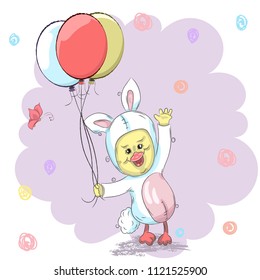 cute little duckling in a rabbit costume
