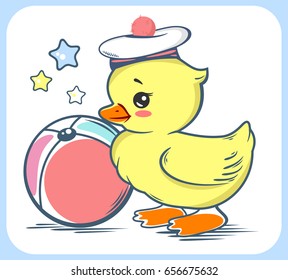 A cute little duckling in a sailor's hat and with a ball. Can be used for children's prints