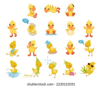 Cute Little Duckling with Yellow Feathers Engaged in Different Activity Big Vector Set