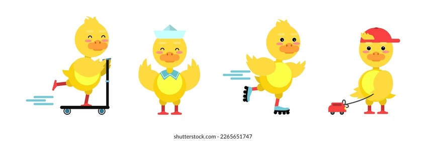 Cute Little Duckling with Yellow Feathers Engaged in Different Activity Vector Set