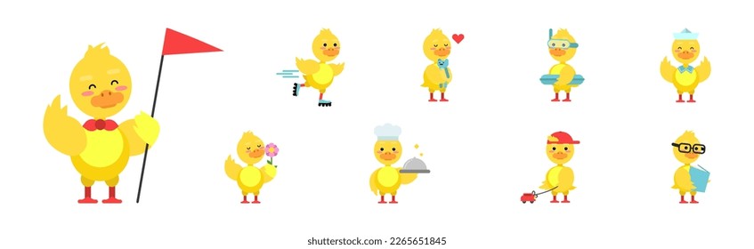Cute Little Duckling with Yellow Feathers Engaged in Different Activity Vector Set