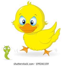 A cute little ducks in the catch a bug.