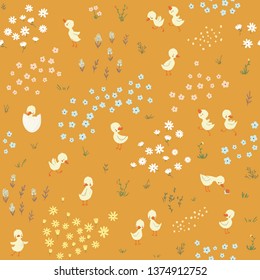 Cute little ducks childish seamless pattern. Vector illustration. Use for textile, print, surface design, fashion kids wear