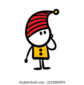 Cute little dwarf kid in triangle red hat. Vector illustration of child in costume and striped cap.