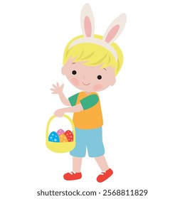 Cute little Easter boy with egg basket  vector cartoon illustration