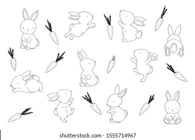 Cute little easter bunnies and carrots. Clip art set outlines, positive individual elements kit on white background