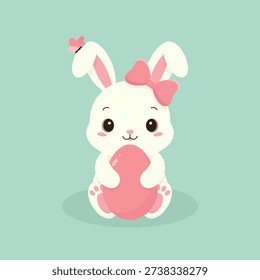 A cute little Easter bunny with a bow holds a big Easter egg. Easter holiday element. Happy Easter vector illustration.